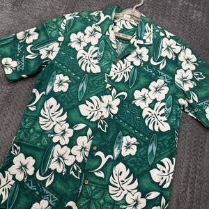Ty Mens Hawaiian Shirt Large Green Floral Surfboard Aloha Made In Hawaii Vintage
